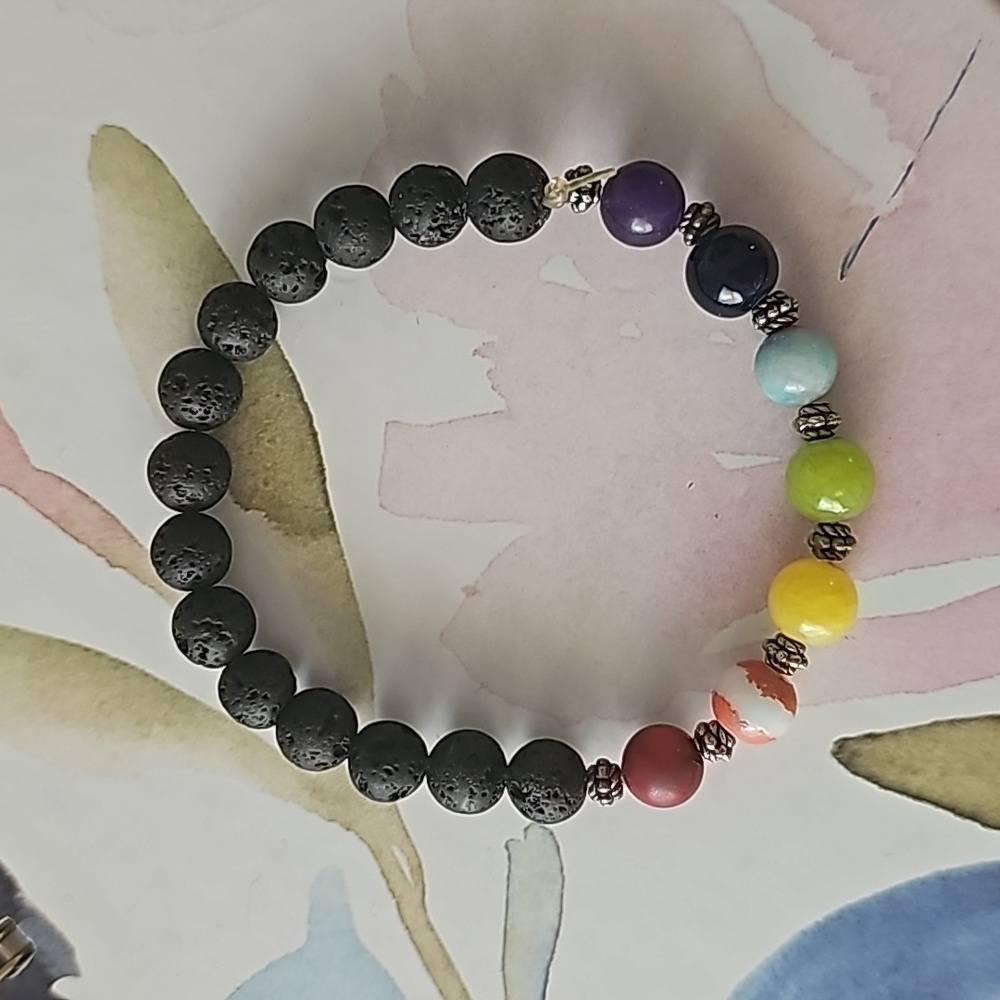 Black Lava Stones With Colorful Beads Stretch Bracelet
